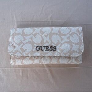 GUESS White and Beige Signature Fold-Over Wallet